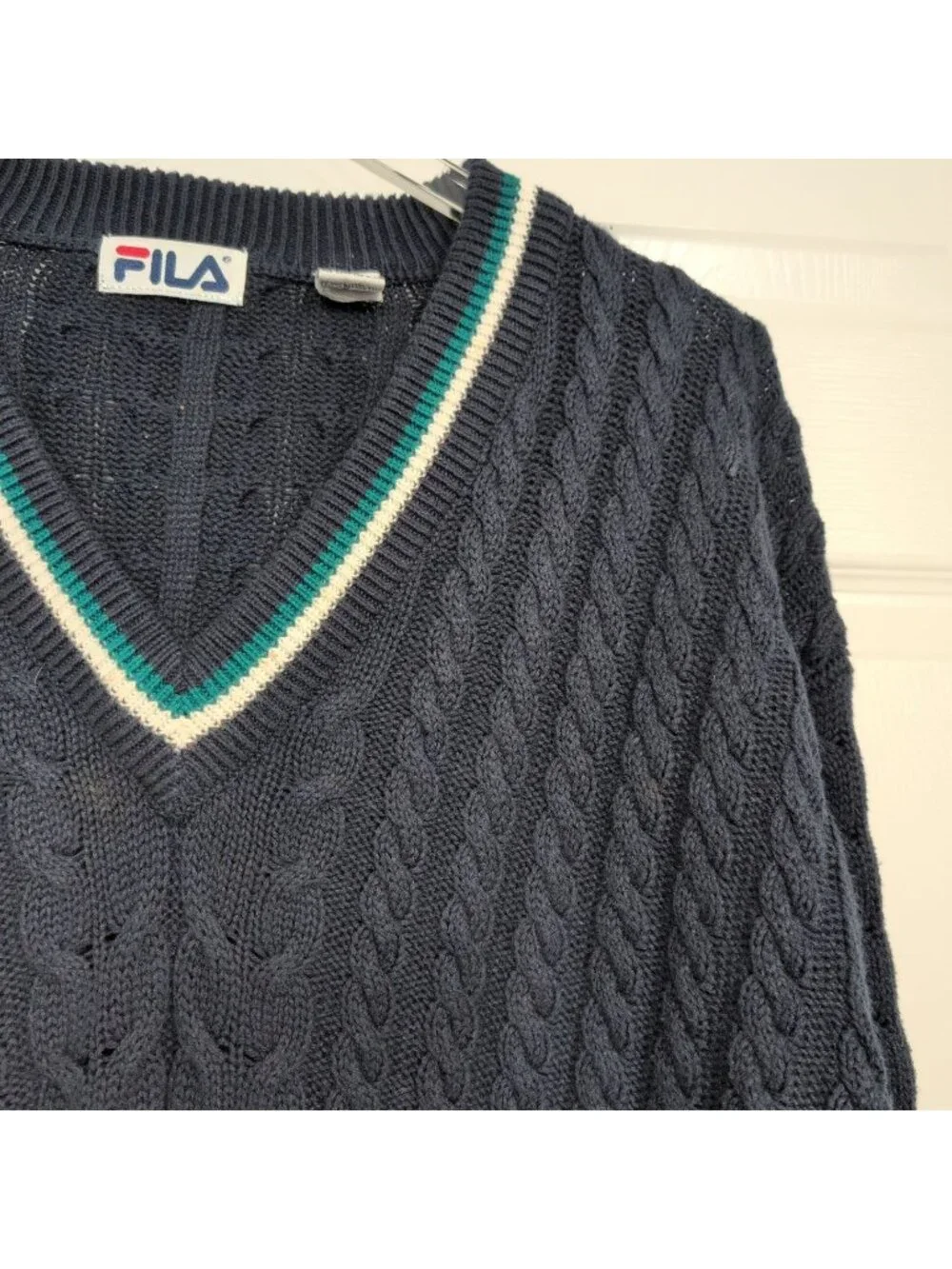 Vintage Fila Tennis Sweater Mens Size Large Blue Cable Knit V Neck Preppy Cotton